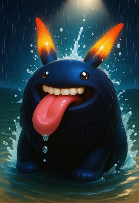 high-resolution, realistic, 3D, detailed skin, detailed eyes, shadows, dark light, eyelashes, upper body, cheeky, posing, holographic color,, Nebulous Hundun and Gnomes' Rain Dance creature, splashing in puddles, gnomes, rain dance, floppy tongue, sparkling rainbows, vibrant, chaotic, playful, animated short film style, rain, rim lighting