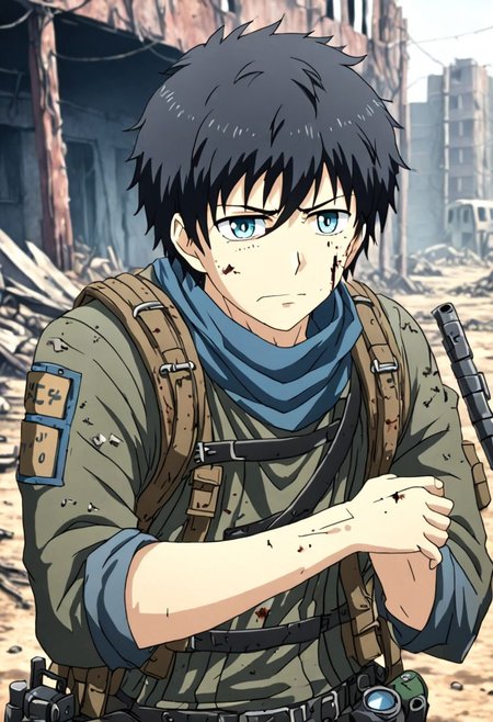 high resolution, solo, best quality, 1Boy, Arata Kaizaki, Black Hair, Blue Eyes, shallow depth of field, Post-Apocalyptic, survival, OverallDetail