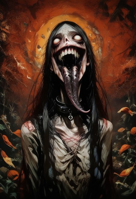 score_9, score_up_8, masterpiece, best quality, explicit, 
hasshaku-sama, mature woman, large woman, tall woman, sagging breast, enormous breast, long hair, black hair, horror (theme), collar bone, bony body, skinny, anorexic, fall season, trees, red yellow and orange leaves, falling leaves, night, garden, Expressiveh,  
 teeth, tongue, open mouth, horror, blood, stiches, scars, black tongue, very long tongue