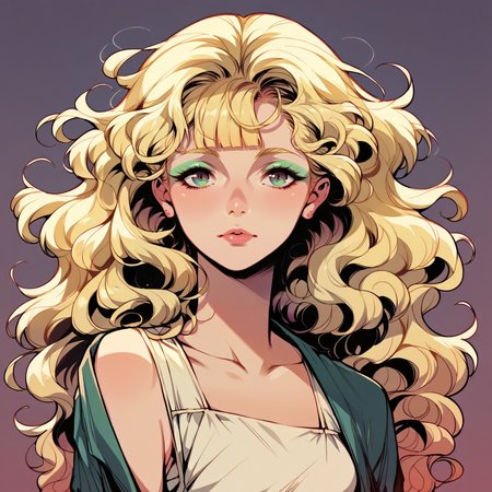 score_9, score_8_up, score_7_up, score_6_up, score_5_up, makeup, wavy hair, <lora:v1nv1xXLP:1> v1nv1x, 1girl, blonde hair, curvy, looking at viewer, 1980s, blunt bangs