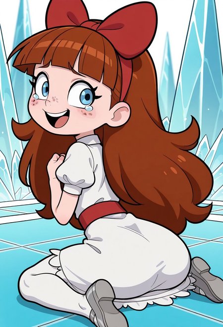 masterpiece, best quality, good quality, little girl, shortstack, 1girl, solo, freckles, blue eyes, eyelashes, perfect eyes, long hair, brown hair, straight bangs, red hairband, red hairbow, white dress, white collared dress, short sleeves, puffy sleeves, red belt, white petticoat, white pantyhose, silver shoes, sitting, wariza, looking back at you, hands on chest, fists clenched, smile, tears, open mouth, ice palace, from behind, upper body,