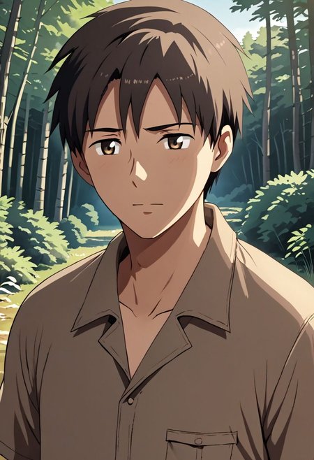 high resolution, solo, best quality, 1Boy, Takaki Toono, Brownish Hair, Brown Eyes, forest, camping, OverallDetail
