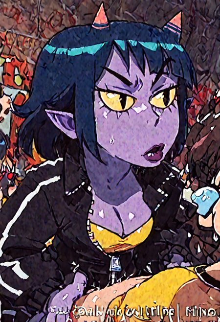 anime, photo, shiny skin,  intricate details, ultra-animatic, high saturation, high contrast, RAW, <lora:add_detail:0.33>, ppfnono, ppfnono_aku, 1girl, short blue hair, demon_girl, horns, colored_skin, colored sclera, yellow sclera, black eyes, track black jacket, yellow shirt, cleavage, medium breasts, lips,