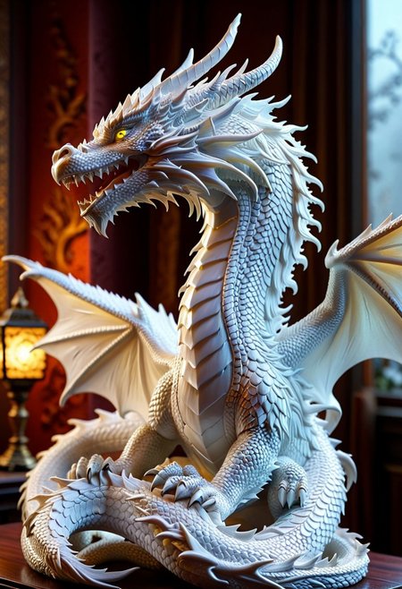 A photorealistic image of a majestic dragon figure,
crystalstexture skin,(extremely delicate and beautiful), highly detailed, WhiteMold, art style, 3d printed mold, 
intricate details, dramatic composition, contrast, texture, realism, high quality, stunning art, film grain, volumetric lighting, detailed, 
background is cozy room,
