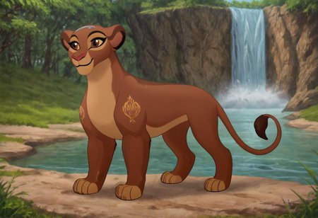 score_9, score_8_up, score_7_up, by solo, rani, lioness, ((feral)), female lion, full body,  brown body, reddish brown eyes, smiling, detailed background,  lake, waterfall background, detailed background, front view, adult lioness Rani, queen lioness, feral adult lioness, older lioness, bigger lion,