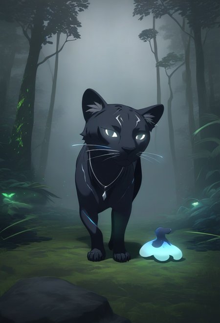 A sleek, midnight-black panther with glowing silver eyes and spectral, misty fur prowls through a highland jungle, half-concealed by the creeping fog. Its form appears to flicker between solid and shadow, giving it an ethereal presence. Bioluminescent fungi glow faintly in the background, illuminating ancient twisted roots and stones. Ink drips and painterly smudges blur the line between the physical and the spectral, making the panther feel like a guardian of unseen realms