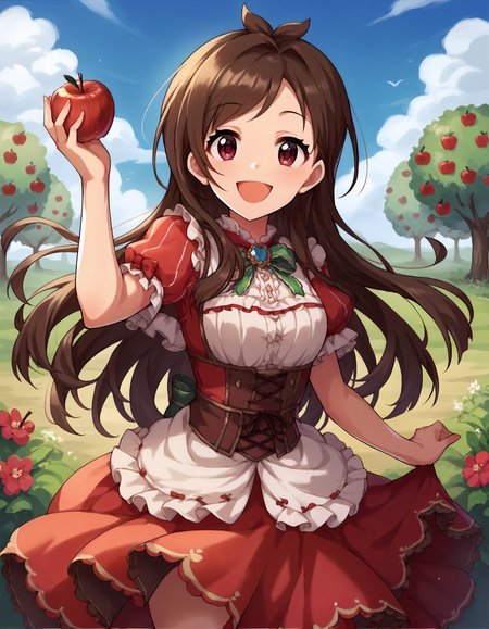 score_9,score_8_up,score_7_up,1girl,solo,cowboy shot,looking at viewer,smile,open mouth,apple garden,
<lora:tsujinoakari_ponyXLV6:0.8>,cgtja,
brown hair,antenna hair,long hair,red eyes,
red dress,frills