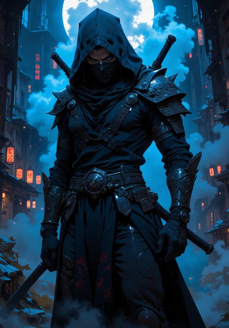 Dark, enigmatic ninja in cyber-shogun armor; sleek modern mask, traditional hood, intricate katana with ornate engravings; swirling midnight fog, dynamic acrobatic silhouette, graceful stealth; bold spatial dynamics, ambient neon glows, atmospheric urban ruins; vivid interplay of deep blues, silvery grays, and shadowy contrasts; high-tech accents, timeless fabrics, intricate textures; masterpiece 8k quality, perfect shading, fine detail; mysterious aura, fearless presence, ancient mystique fused with futuristic minimalism; artful composition, dramatic chiaroscuro, dynamic energy; captivating visual narrative with subtle shogun tradition and holographic abstraction. <lora:Niji V2B:0.8> <lora:é£æ ¼å-è¶ç°å®:0.6> <lora:flux_dev:1>