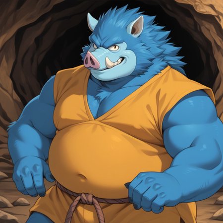score_9,score_8_up, furry, 2d, 
look to viewer, detail eyes, detail face, upper body, 
blue and OrcKing(DragonQuest) and boar and blue fur and blue body and boar snout and boar ears and boar fangs and muscle and obese and overweight and manly face and huge belly and chubby face,
yellow topwear, string belt, 
in cave, sinister cave,