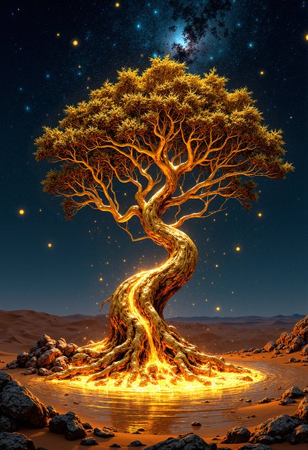 A surreal scene of a colossal tree made entirely of flowing liquid gold, rising in the middle of a vast desert under a night sky filled with swirling galaxies. The tree's branches twist and curve, resembling intricate golden threads, reflecting the light of distant stars. At the base of the tree, a pool of molten gold glows, casting a soft, warm light. Small, bioluminescent creatures resembling floating orbs of light circle the tree, adding a touch of magic. The scene has a hyper-realistic quality, with incredible detail in the flowing gold and the night sky. The atmosphere is calm yet awe-inspiring, with a sense of ancient power and otherworldly beauty. Cinematic lighting highlights the golden tree, making it the central focus against the dark, starry desert backdrop. <lora:FluxMythP0rtr4itStyle:0.8> MythP0rt,