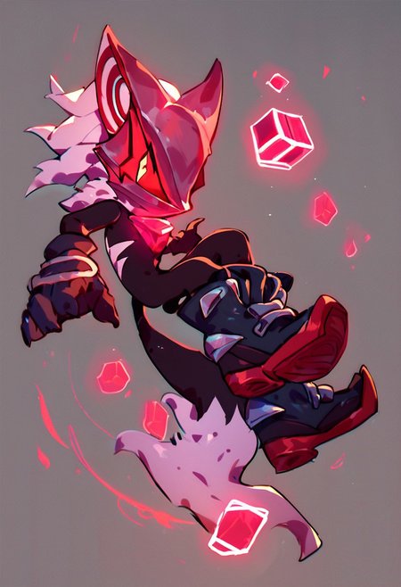 score_9, score_8_up, score_7_up, score_6_up, Infinite the jackal, tail, male, solo, mask, ruby in chest, gloves, boots, floating, multiple floating  glowing cubes, neon trim, simple gray background. red aura