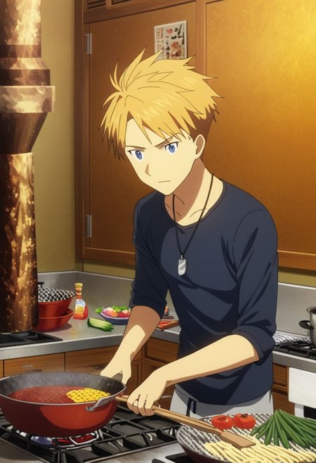high resolution, professional photography, best quality, 1Boy, Yamato Ishida, blond hair, deep blue eyes, necklace, cooking, kitchen, OverallDetail