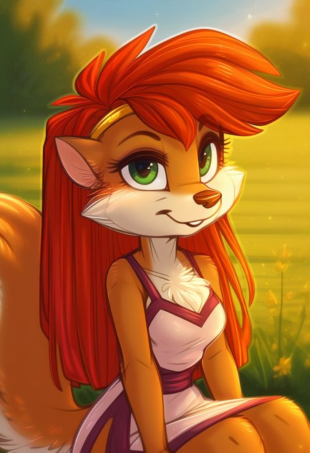zPDXL, score_9_up, score_8_up,_7_up, score_6_up, score_5_up, score_4_up ,source_furry, best quality, amazing quality, blurry background, masterpiece, 1girl, magic in the air, looking at viewer, solo, cute, cute smile, adorable, outdoors, park, plants, (upper body,close, face focus, sitting:1.2), breast, venus, red hair, squirrel, long hair, green eyes, squirrel tail, orange-white fur, dress, gold hairband, sandals, side slit, <lora:Venus:0.8>, dimwitdog, <lora:dimwitdog:1.2>, Expressiveh, good_hands, <lora:Expressive_H:0.8>, <lora:Detail_Slider_v1.4_iteration_3:4>, <lora:pony_good_hands:0.8>