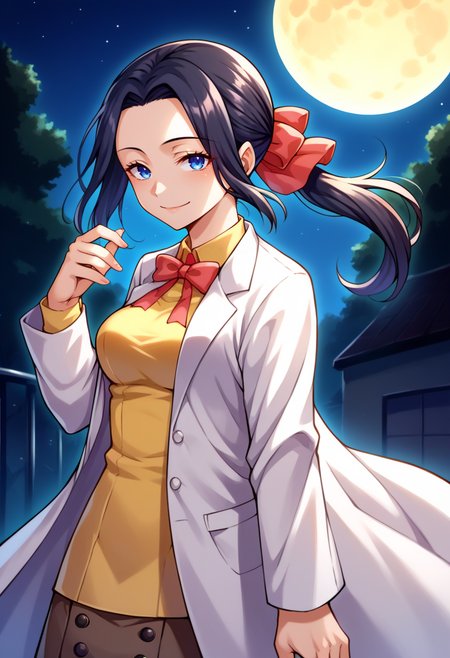 score_9, score_8_up, score_7_up, source_anime, BREAK, solo, 1girl, smile, looking at viewer,  <lora:Mari-pdxl_Fp:1>, maridesu, black hair, blue eyes, ponytail, hair ribbon, collared shirt, yellow shirt, ribbon, lab coat, skirt, night, moon, glowing,