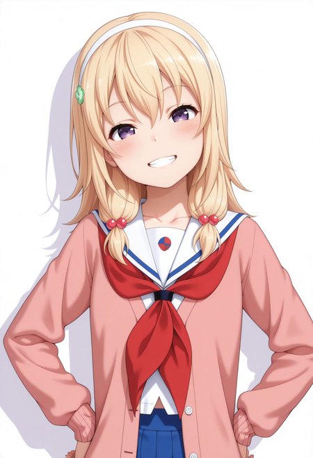 masterpiece,amazing quality,best quality,ultra-detailed, , smile, hands on hips, white background, facing viewer,, simple background, head tilt, upper body, collarbone, blush, grin, shadow <
,  <lora:Reo Wakasa illu:1> 1girl, blonde hair, purple eyes, hair ornament, hairband, long hair, hair bobbles,closed cardigan, pink cardigan, red neckerchief, serafuku, blue skirt