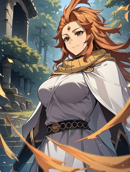 <lora:nix-000002:1>
reddish orange hair, long hair, loose hair, brown eyes, 1 girl, solo, white cape, white dress, white pants, yellow scarf, white tunic, black shirt <lora:!action-sdxl-V0.5:1>
score_9, score_8_up, score_7_up, very aesthetic, source_anime, detailed, high quality, beautiful, masterpiece, detailed eyes, forest, tree, ruins, cowboy shot, dynamic angle, upper body, light smile, big breasts, dynamic pose  <lora:light:1>