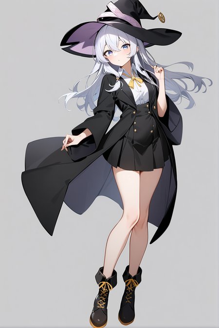 witch hat dress shirt black skirt black robe yellow ribbon boots, mm-elaina, ahoge, 1girl, solo, skinny, masterpiece, absurdres, high quality, highres, best quality, (full body:1.20), recent <lora:mm-elaina-V02-000003:0.5>