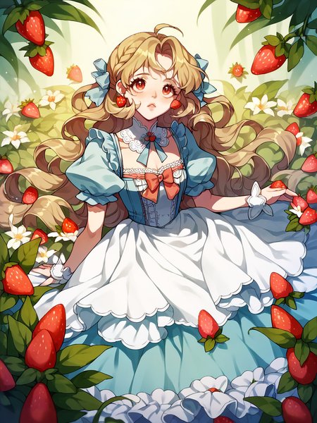 score_9, score_8_up, score_7_up, score_6_up, score_5_up,  <lora:lalangheejXLP:1> lalangheej, 1girl, puffy sleeves, dress, strawberry,