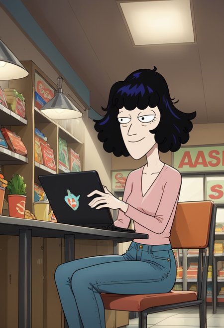 score_9, score_8_up, score_8,  <lora:Ms._Frankie_Solar_Opposites_for_PonyXl:0.8> 1girl, msf4nk1e, black hair, solo, smile,  blouse, jeans, sitting, indoors, shop, on laptop