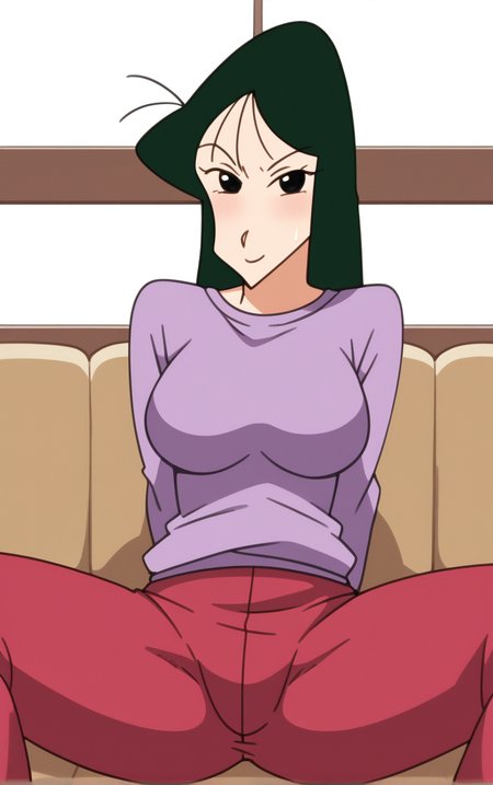 score_9, score_8_up, score_7_up, looking at viewer,  BREAK
Shirt_UmeMatsuzaka_ownwaifu, 
1girl, green hair, straight hair, long hair, black eyes, medium breasts,  breasts, mature female, 
long sleeves, purple shirt, purple sweater, red pants,  
retro artstyle, 1980s (style), 1990s (style), 
(sitting, spread legs), arms behind back, couch, window shade, indoors, <lora:PONYXL_ShinChan_UmeMatsuzaka_ownwaifu:0.95> , depth of field, solo,