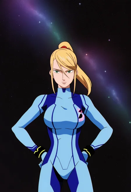 best quality, amazing quality, very aesthetic, absurdres,
BREAK
(black background, galaxy background, starry background:1.8)
1girl, samus aran, green eyes, blonde hair, medium hair, ponytail, sidelocks,
blue bodysuit,
looking at viewer, standing, hands on hips,  <lora:GundamWingNoobLocon_byKonan:1>