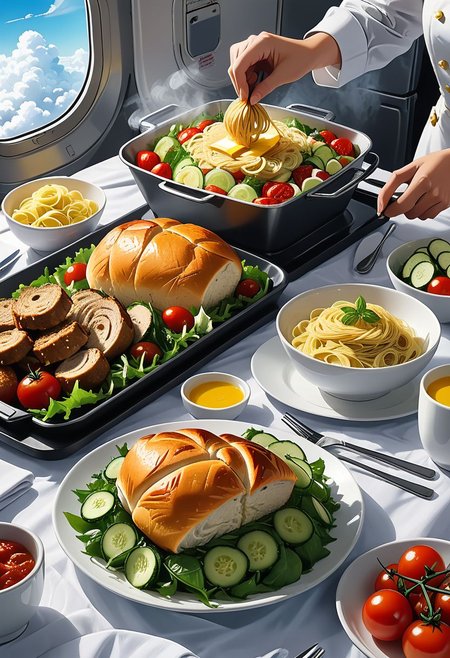 First person view A close-up of a tray of delicacies from the plane is visible on a passenger's table. A colorful variety of dishes awaits you - fresh salad with bright greens, juicy cherry tomatoes and crispy cucumbers; a main course of tender chicken or savory pasta, steaming temptingly; side dish of warm buns and butter. The aroma teases, promising a delightful culinary journey among the clouds.
 graphic style of novel comics, perfect hands, 2d,
8k, hyperrealism, masterpiece, high resolution, best quality, ultra-detailed, super realistic, Hyperrealistic art, high-quality, ultra high res, highest detailed, lot of details, Extremely high-resolution details, incredibly lifelike, colourful, soft cinematic light,