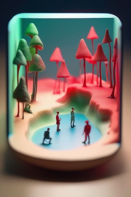 <lora:Diorama:1>Diorama - miniature figurines in a small slice of screen, in the style of surreal fashion photography, nature,calm,blue futurism,green and red lighing,frequent use of Light background, sudersan pattnaik unreal engine 5 innovative page design, soft color blending, hans baldung