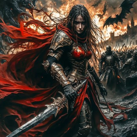 shamanqua beautiful warrior in a scarlet cloak with a sword on the battlefield with dark knights around, expressive, very detailed, cinematic<lora:shamanqua:1>