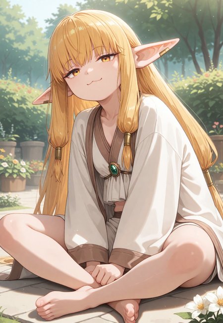 masterpiece, best quality, newest, 1girl, pointy ears, blonde hair, jewelry, elf, bangs, yellow eyes, long hair, sidelocks, hair tubes, long sleeves, white robe, barefoot. garden, sitting on floor, barefoot, :3, looking at viewer, flowers, sunny, outdoors, 