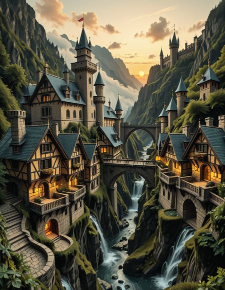 A breathtaking medieval fantasy city nestled in a lush valley, surrounded by towering mountains and dense forests. A grand castle with multiple towers and turrets stands atop a hill, overlooking the town below. The city consists of charming half-timbered houses with glowing windows, perched on rocky cliffs and connected by stone bridges over cascading waterfalls. The river flows through the village, reflecting the warm golden lights of lanterns and torches. Ivy and moss grow over the stone walls, adding to the enchanted, ancient atmosphere. The background features misty mountains with additional fortresses and watchtowers, partially hidden by low-hanging clouds. The sky is illuminated by a soft, warm sunset, casting a golden glow on the scenery, creating a perfect blend of realism and fantasy. Highly detailed, cinematic, and immersive, with a magical, fairy-tale ambiance.
<lora:SDXLFaeTastic2400:0.4> <lora:extremely_detailed:0.4> extremely detailed, ,medieval f4nt4sy c1ty <lora:medieval_f4nt4sy_c1ty-i:1>, Masterpiece,best quality,hi res,8k,hi res,8k,award winning,(sharp focus, intricate, highly detailed),