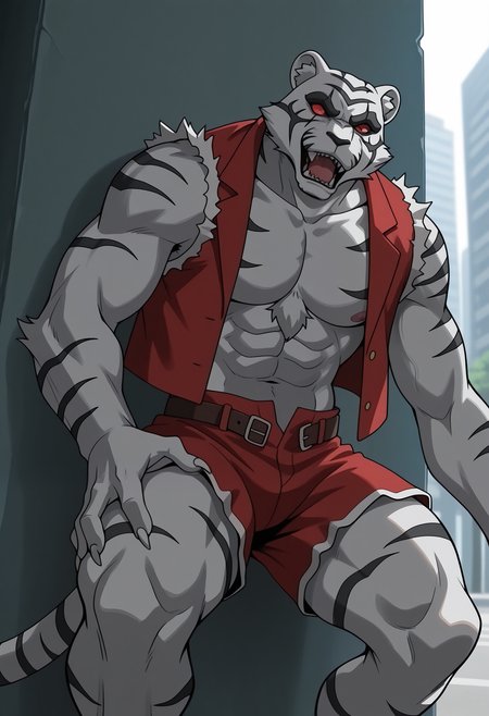 masterpiece,best quality,amazing quality, 1boy, solo, by4kk0, tiger boy, white fur, tiger stripes, colored sclera, no pupils, fur-trimmed open red vest, brown belt, fur-trimmed red shorts, tail,