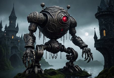 giant bipedal robot pewter silver and dark red stripes and bronze silver paisley robot. lacy robot cube spiked. head. outside of a steampunk keep. large detailed torso. dark image. one forty foot tall ancient robot with great arms and two heavy spring legs. dark foggy night background. $dark foggy night image only. dark photo realistic image. steampunk details. cogs, chains and pipes incorporated in the fantasy buildings. magic wizards tower in background. Dark swamp, moss, castle ruins, wizards tower. stormy dark night. small floating machines