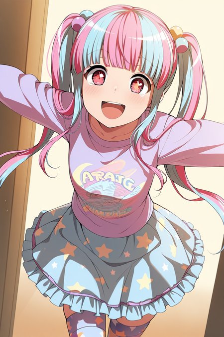 masterpiece, best quality, amazing quality,
 <lora:PAREO_IL:1> pareo, 1girl, solo, skirt, long hair, twintails, thighhighs, smile, multicolored hair, star print, print shirt, open mouth, pink hair, hair bobbles, :d, print skirt, outstretched arms, bangs, casual