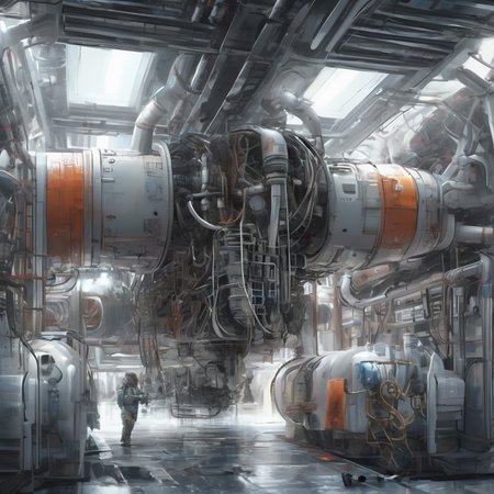a realistic digital illustration of a spaceship, human engineering, hoses and pipes, akira styling