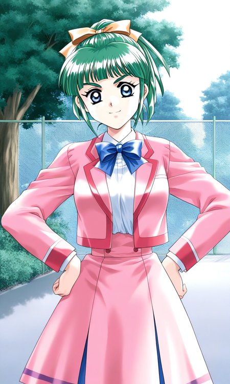general,highres, ultra-detailed,very aesthetic,best quality ,best hands, BREAK <lora:Iijima_Miyuki_kakyuusei_Ver2.0_IS:1>
Iijima_Miyuki(kakyuusei), 1girl, solo, green hair, high ponytail, bangs, short hair, blue eyes, hair ribbon,Yellow ribbon, breasts, smile, 
school uniform, tree, pink skirt, fence, pink blazer, pink jacket, goard skirt, blue line jacket,
hands on own hip,
long sleeves, chain-link fence, 
 outdoors, bowtie, blue bow,