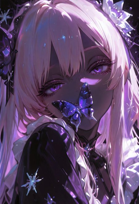 (Theme: Draconic Crystals). masterpiece, newest,absurdres,incredibly absurdres, 1girl, CivChan, solo, bug, butterfly, purple eyes, pink hair, looking at viewer, long hair, covered mouth, purple theme, eyelashes, flower, snowflakes look like crystals, dark_theme,abstract background, 
depth of field