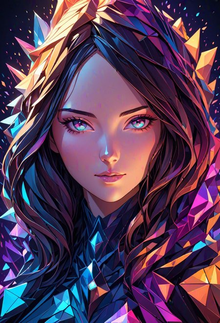nsfw, a 3D front-facing portrait of a lowpoly woman made of polygons, illuminated by a holographic gradient that shifts through a spectrum of vibrant colors. , highres, 4k, 8k, intricate detail, cinematic lighting, amazing quality, amazing shading, soft lighting, Detailed Illustration, anime style, wallpaper