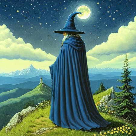 <lora:Vintage_Wizard_Fantasy_illustrationSDXL:1> Vintage Fantasy illustration, The image is a painting of a wizard standing on a hilltop with a full moon in the background. The wizard is wearing a long blue cloak and a pointed hat with a pointed brim. He is facing away from the viewer with his back towards the viewer. The sky is filled with stars and a crescent moon and the landscape below is a mountainous landscape with trees and flowers. The overall mood of the image is peaceful and serene., moon, hat, solo, sky, flower, outdoors, tree, night, full moon, nature