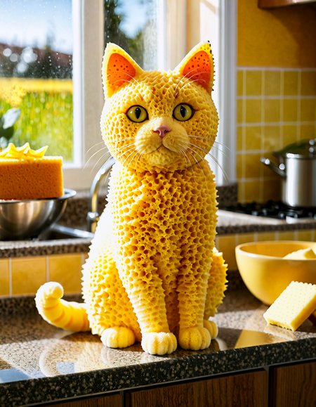 Photorealistic, a cat entirely made of sponge material, sitting upright on a kitchen counter. The sponge cat has a realistic texture with visible sponge pores and bright yellow color. The background features kitchen items such as a sink, dishes, and a window with sunlight streaming in. The lighting is natural and bright, highlighting the sponge texture of the cat. The camera shot is a medium shot, capturing the sponge cat and the detailed kitchen environment.
 <lora:SDXLHighDetail_v5:1>