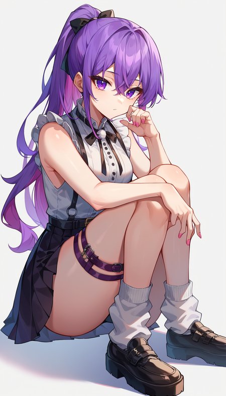 <lora:jirai_kei_style_pony:1> score_9, score_8_up, score_7_up, score_6_up, score_5_up, score_4_up, source anime, jirai kei, 1girl, solo, sitting, purple eyes, black footwear, purple hair, thigh strap, pleated skirt, looking at viewer, frills, sleeveless, neck ribbon, white socks, ponytail, closed mouth, loose socks, black belt, pink nails, bangs, sidelocks, suspenders, fingernails, sleeveless white shirt, hair between eyes, arm support, long hair, belt, shoes, knees up, buttons, platform footwear, expressionless, breasts, suspender skirt, nail polish, buckle, thighs, shirt tucked in, frilled sleeves
