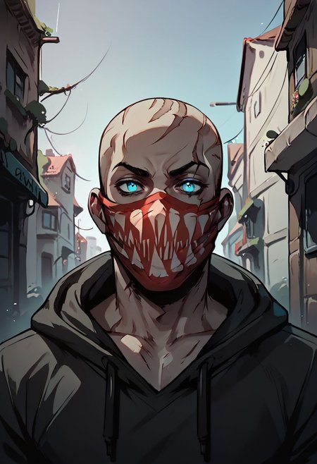 (((beautiful, hyper realistic, high quality))), score_9, score_8_up, score_7_up, solo, ((upper body)),
1boy, Pyke, dark skin, tatto, blue eyes, bald, scars, red mask with printed teeth, Black hoodie, rolled up sleeves, dark alley,
Dark background, blurred background,