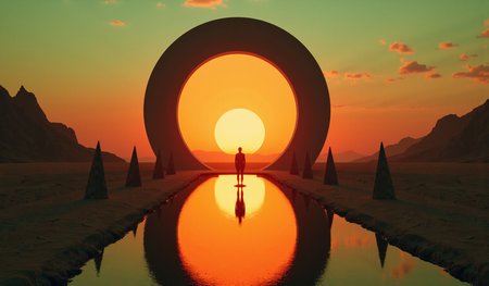 a realism art piece captures a surreal, otherworldly scene at sunset, At the center stands a solitary figure, likely a human, silhouetted against the vibrant, orange-hued sky, The figure appears small in comparison to the vast, expansive landscape, The sky is a gradient of deep oranges and  light green-colored, with a few scattered clouds reflecting the light, The horizon is marked by rugged, dark brown mountains, their peaks partially obscured by the glowing sun, The figure is positioned in the center of a large, circular structure made of metal rings, These rings form a continuous, symmetrical design that mirrors the setting sun perfectly in a calm, reflective pool of water directly beneath it, The water is smooth and undisturbed, with the mirrored image adding depth and a sense of calm to the scene, Surrounding the central figure are four tall, cone-shaped objects, possibly sculptures or pillars, spaced evenly around the circular structure, The ground appears arid and rocky, adding to the desert-like atmosphere, The overall composition and color palette evoke a sense of tranquility and mystery, with a touch of futuristic or sci-fi aesthetic, The op art art piece is likely digitally manipulated, enhancing the surreal and dreamlike quality of the scene,,Colorful and Unconventional,<lora:cinematic dramatic color style v1:1>,cinematic dramatic color style,<lora:MGWR_Cine:0.2>,mgwr/cine,