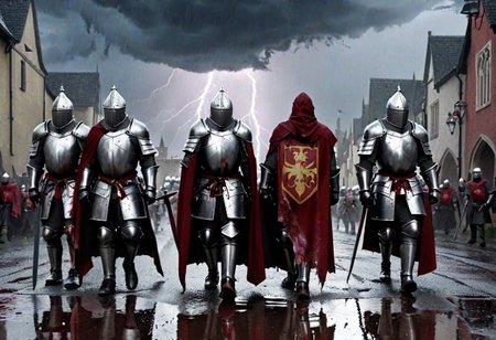 Masterpiece, DonMSt34mPXL, Realistic Lightning, Cinematic Lightning, Dark Lightning, Rain, Puddle, Clouded Sky, medieval, fantasy, pedestrians, Cape, Reflection, bloody clothes, Army.
((((army of knights) with blood on their armor and capes marching home with wounds and broken weapons. fandist background.