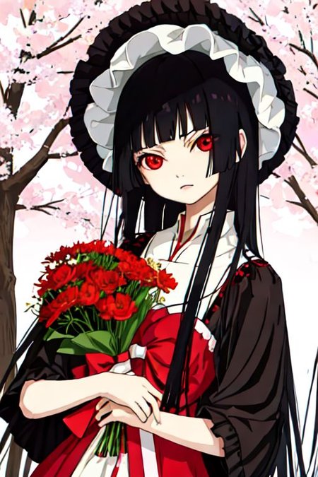 enma_ai ((short sleeves)), girl1, bangs, black hair, long hair, gothic clothes, sad, bonnet, holding_bouquet, flower field, spring