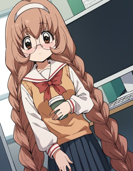 score_9, score_8_up, score_7_up, source_anime, <lora:mimi-usa-s1-ponyxl-lora-nochekaiser:1>, mimi usa, long hair, brown hair, brown eyes, very long hair, braid, hairband, glasses, twin braids,, school uniform, serafuku, long sleeves,, home office, working from home, computer screen, coffee cup, focus, deadline, , hand on stomach, blush,, looking at viewer, solo,, dutch angle, cowboy shot