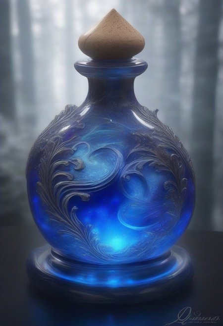 Score_9, Score_8, Photorealistic magic potion, intricate glass bottle, vibrant swirling blue and silver colors, ethereal light, wax seal, cork, dynamic reflections, magical aura, highly detailed, fantasy essence, glowing particles, radiant aura