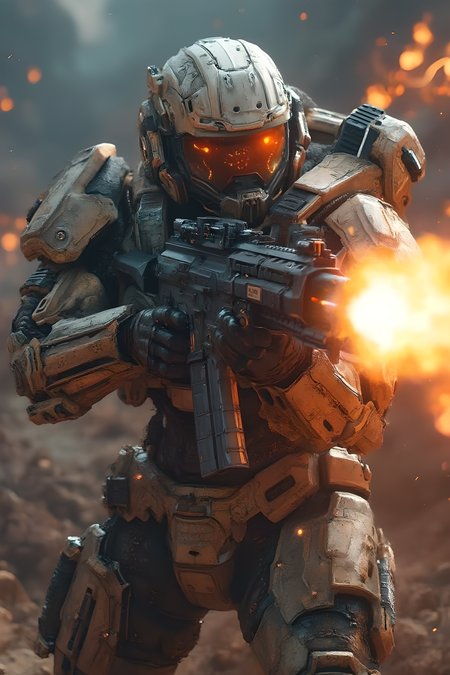 masterpiece, UHD, 8K, best quality, super detailed, battle, afternoon, close up shot, dynamic angles, sharp, practical lighting, best light, focus with blurred background, war, fighting, Skeletal Battle Suit, gun, assault rifle, shoulder weapon, missile pod, ((gunfight, gun action, gunfight, holding a gun with both hands)), ((flames and smoke rise from the nozzle every time a bullet is fired from an assault rifle, and the weapon shakes due to recoil)), ((nozzle flash, nozzle firing)), sci-fi, motion blur, realistic, combat, explosion, firing, dirt, sea spray, sparks, missile pod, twin launcher, shoulder weapon, rail gun, grenade launcher, no humans, Battle Suit, Assault rifle