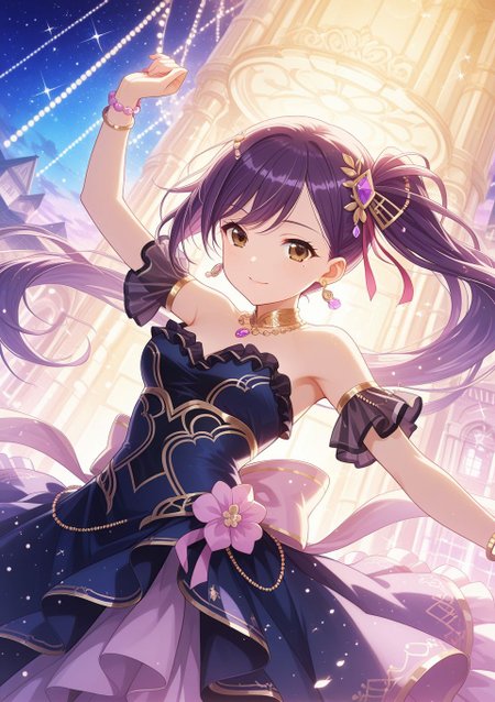 <lora:Liu_IL:1>, purple hair, long hair, side ponytail, bangs, brown eyes, hair ornament, ribbon, mole, mole under eye, jewelry, dress, purple hair, earrings, bracelet, breasts, hair ornament, strapless, scrunchie, frills, strapless dress,,, BREAK
masterpiece, best quality, amazing quality, very aesthetic, absurdres, newest, 
cute, <lora:Eyes_High_Definition:0.6>, eyesHD, high gradient eyes, detailed eyes, high definition eyes, 
<lora:LECO_Particles:1>, 
BREAK, general, dutch angle, from front,, light smile, dynamic pose,