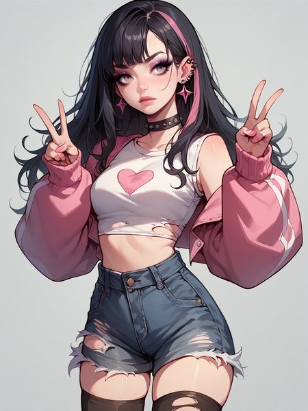 source_anime, score_9, score_8_up, score_7_up, score_6_up, score_5_up, <lora:egirlXLP:0.8> egirl, 1girl, solo, makeup, black hair, pink streaked hair, crop top, torn clothes, ear piercing, eyeshadow, v, shorts, midriff, thighhighs,