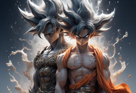 Son Goku From Dragon Ball in Paul Gaultier Advertisement, very detailed, hd, Power Aura, Studio, PEHighContrast, by Moebius, futuristic-futuristic, (bizarre otherworldly technological advanced galactic civilization but extremely beautiful:1.4), in the style of nicola samor